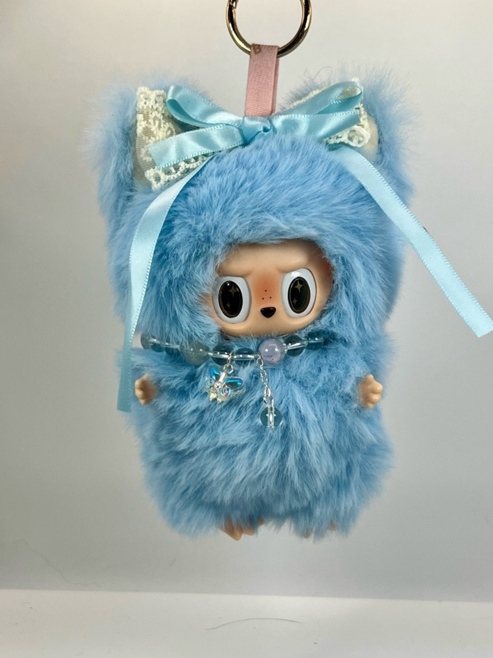 (25) Blue Fuzzy Plush Keychain Doll with Bow